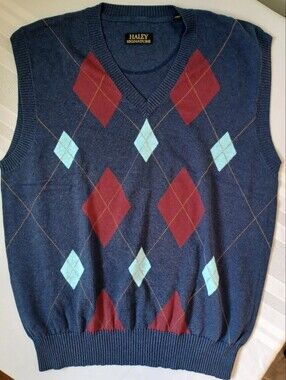 NWOT Haley Signature Navy Argyle V-Neck Sweater Vest 100% Pima Cotton - Men's L